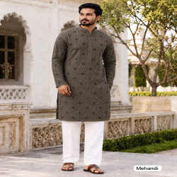 Men’s Chikankari Schiffli Work Long Kurta Pyjama Set